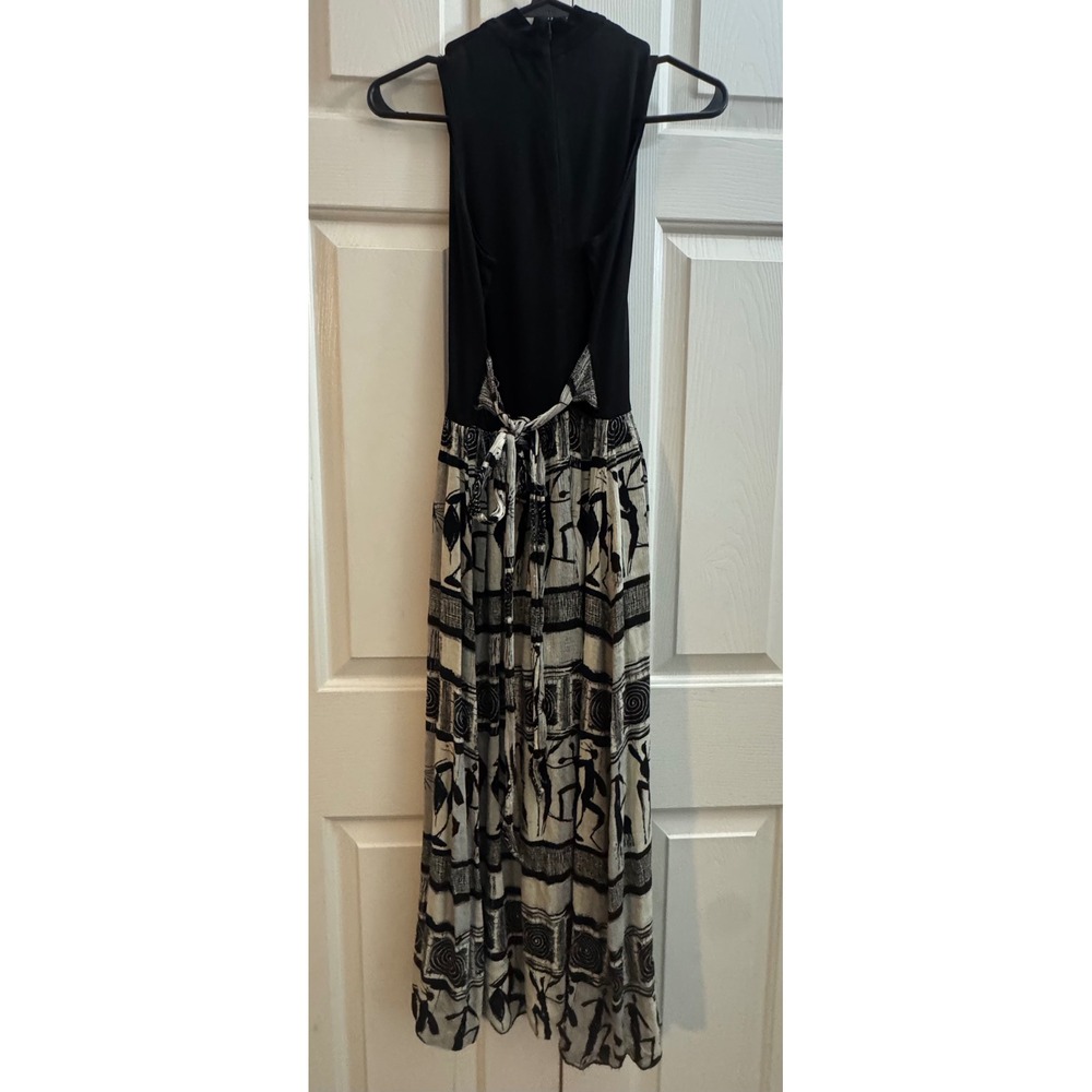 VTG Cache Maxi Dress 6 Black Ivory Tribal Print Art Deco Mock Neck Boho 90 - Picture 5 of 9